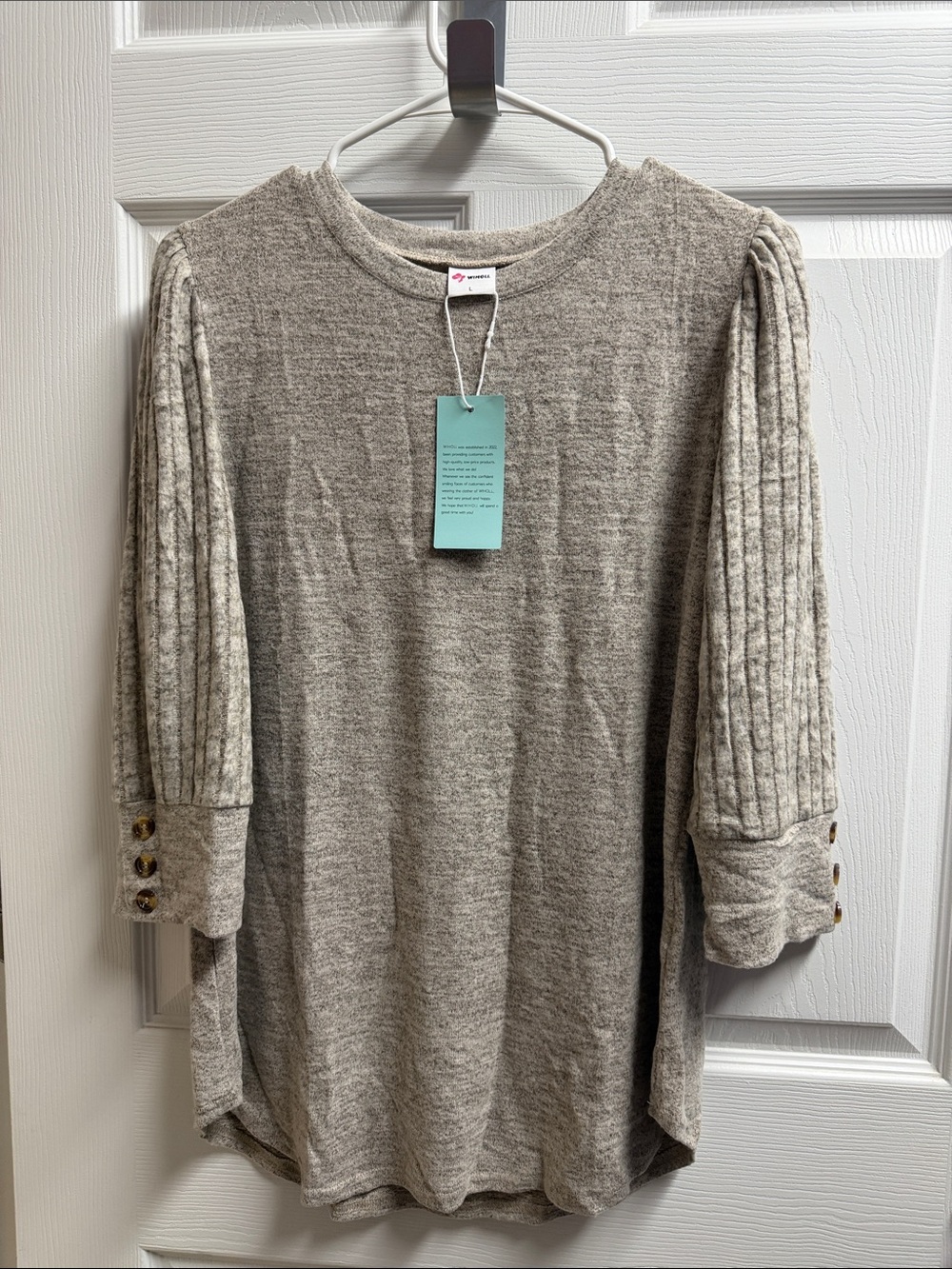 Cozy Ribbed-Sleeve Pullover Top in Heather Taupe